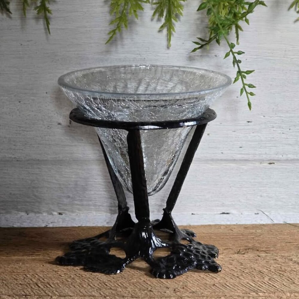 Black Metal Grape Leaf Crackle Glass Candle Holder - Picture 2 of 10